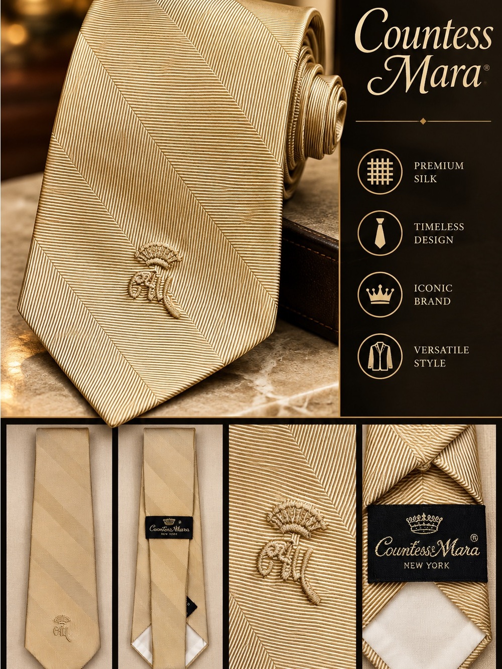Countess Mara Gold Champagne Silk Tie Geometric Diagonal Stripe 3.5โ Wide